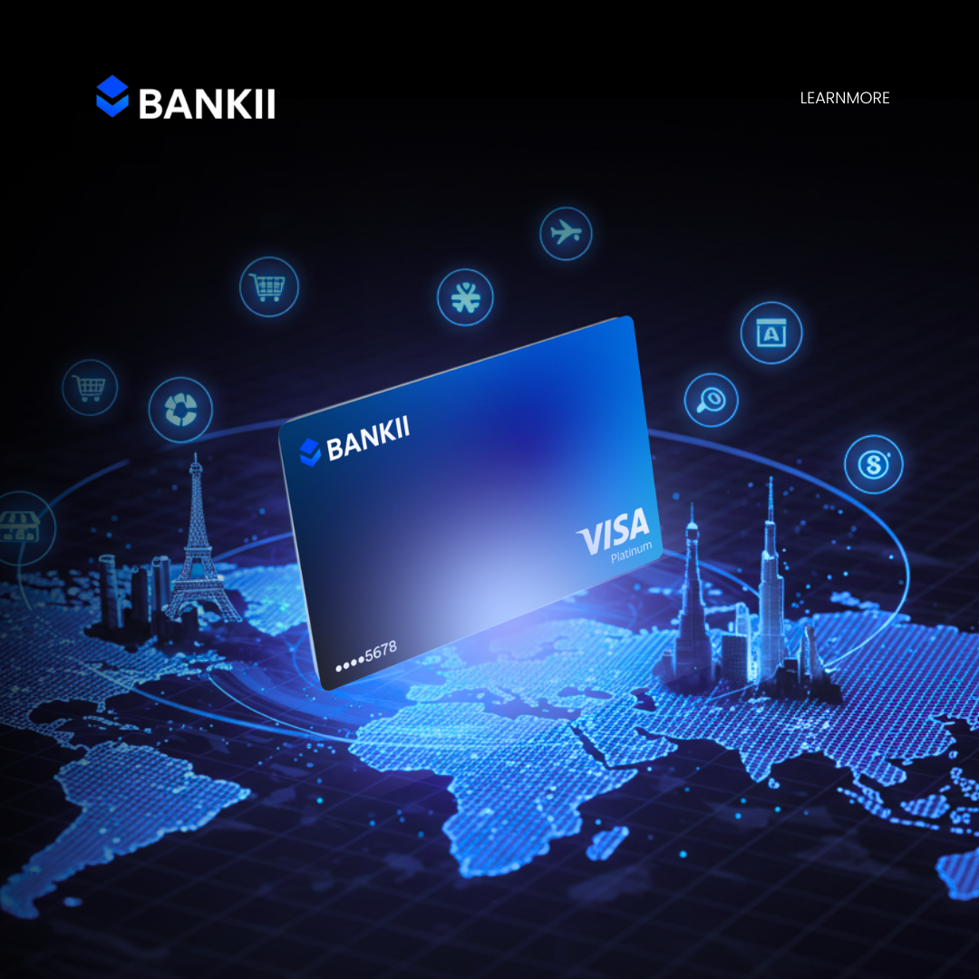 Blue Crypto Card hovering over a blue world map